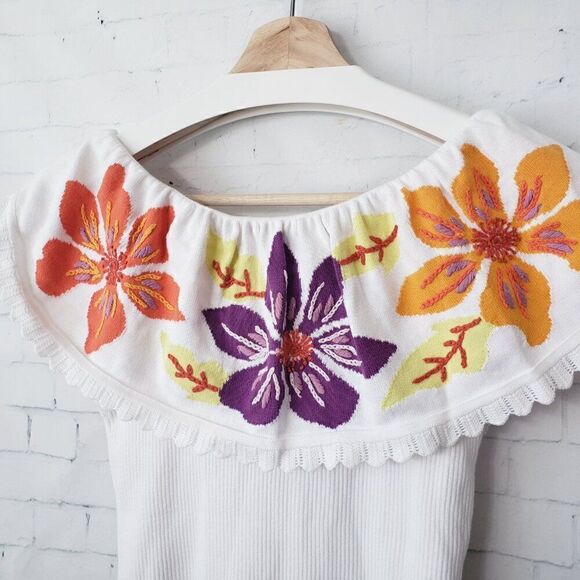 Soft Surroundings Ribbed Embroidered Top Size XS Off The Shoulder Boho Floral - Picture 5 of 7